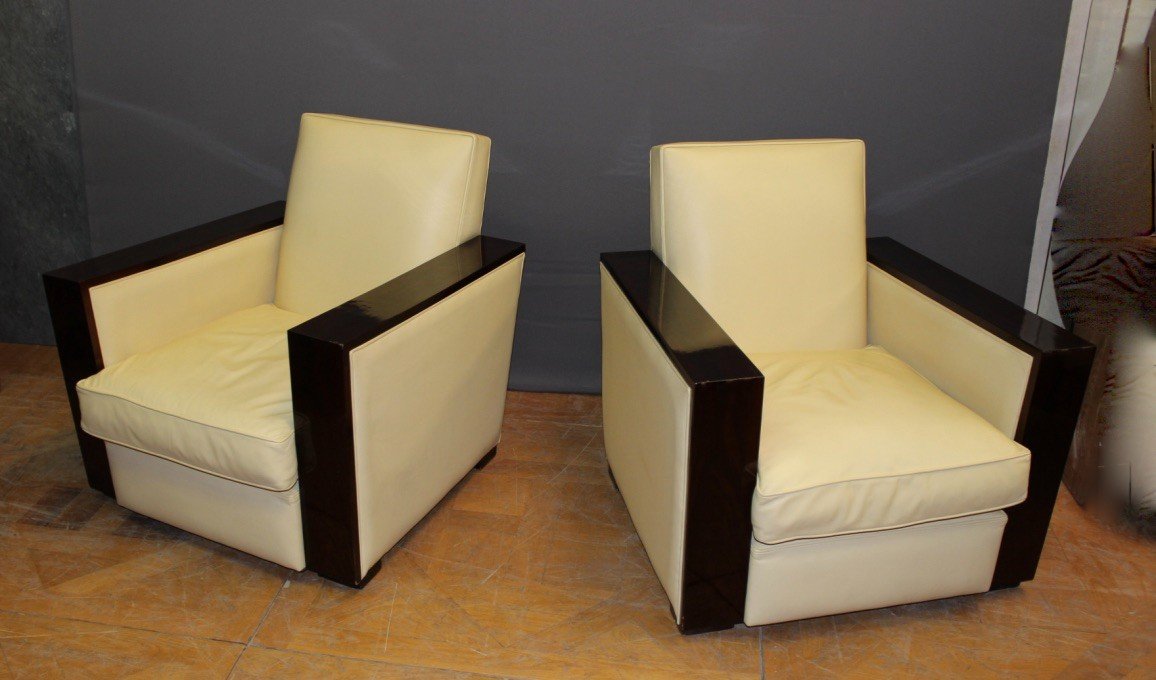 Paire De Fauteuils De Style Art Déco En Palissandre Et Cuir -photo-2