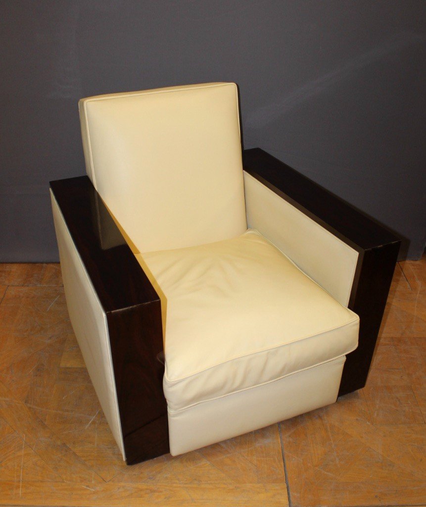 Paire De Fauteuils De Style Art Déco En Palissandre Et Cuir -photo-3