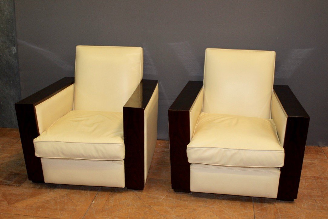 Paire De Fauteuils De Style Art Déco En Palissandre Et Cuir 