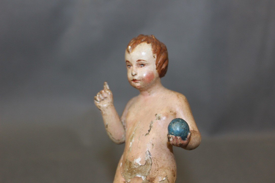 Enfant Jesus En Bois Sculpté Polychrome XVIII-photo-6