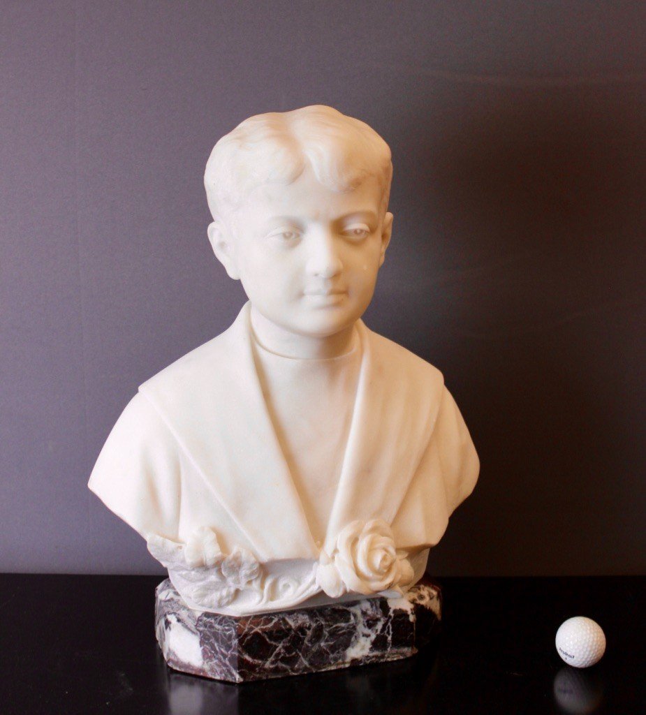 Bust Of A Young Man In Carrara Marble Dated 1931