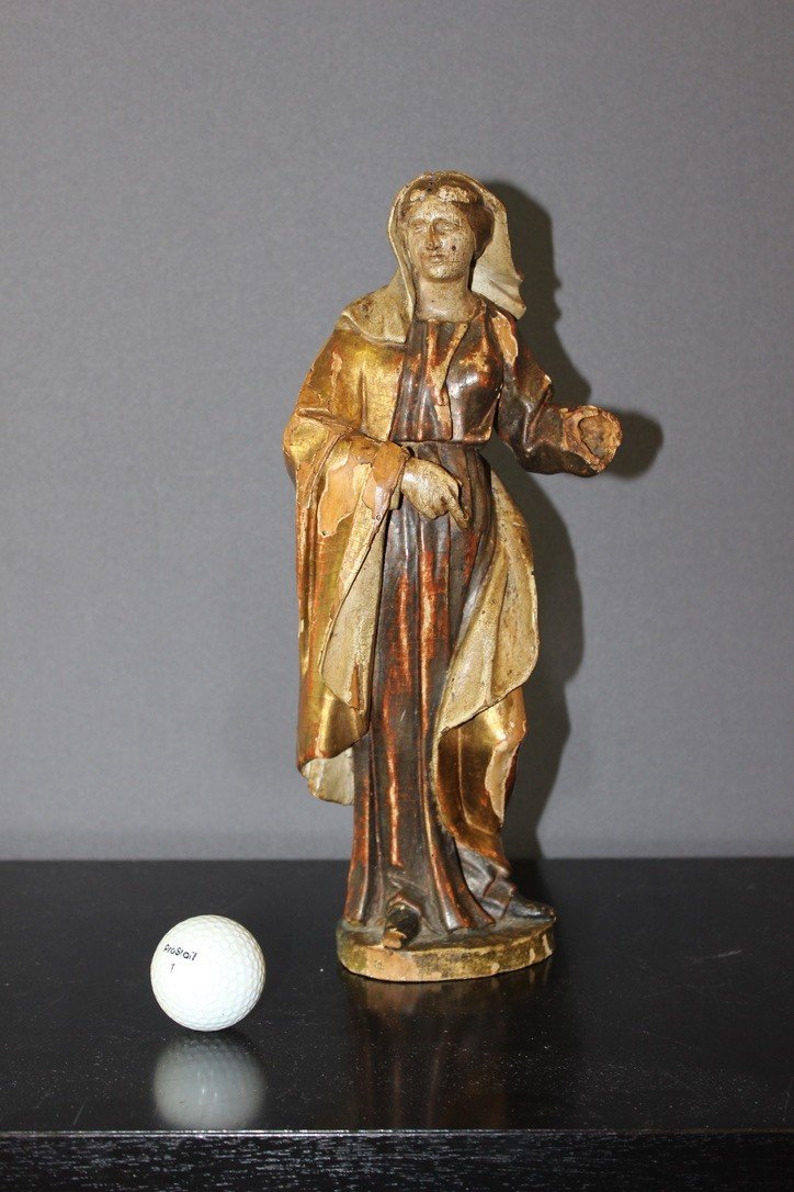 Sculpture d'Une Sainte En Bois Polychromé Et Doré XVIII-photo-3
