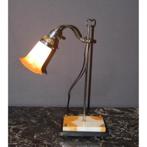 Lampe De Bureau Art Déco En Marbre Et Pâte De Verre Par Noverdy Vers 1925
