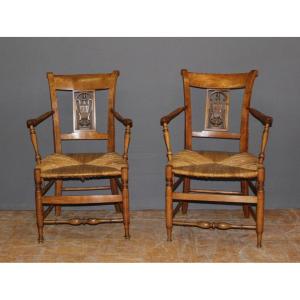 Pair Of Straw Armchairs In Directoire Cherry Early XIX