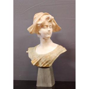 Bust Of Young Girl In Two-colored Alabaster Circa 1900