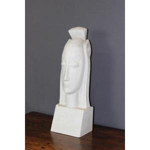 Sculpture Art Déco En Plâtre Représentant Une Tête De Femme Dans Le Goût De Gustave Miklos 
