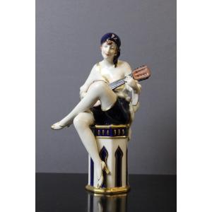 Art Deco Period Mandolin Player In Porcelain By Royal Dux 