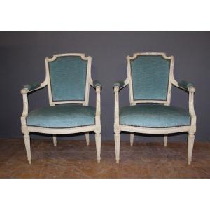 Pair Of Louis XVI Style Armchairs In White Lacquered Walnut Around 1900