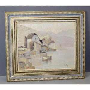 Oil On Canvas Lakeside In The Mountains By M. My