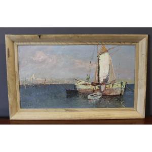 Huile sur panneau , vue de Saint Tropez par Karl Sim 