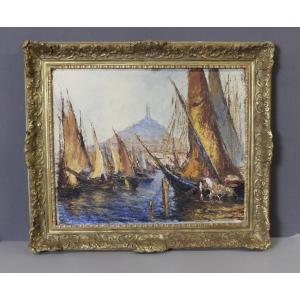 Oil On Panel "the Port Of Marseille" Circa 1950