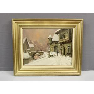 Huile sur toile Paysage de neige par Théodore Lesvigne fin XIX