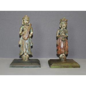 Paire de Sculptures en Bois Polychrome , Inde du Nord XIX