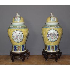 Paire de Vases Chinois d'Apparat sur socle en Bois XX