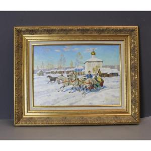 Oil On Canvas: Lively Snowy Landscape