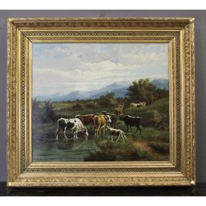 Oil On Canvas, "cows Grazing" By Giovanni Milone, 108/115 Cm, 19th Century