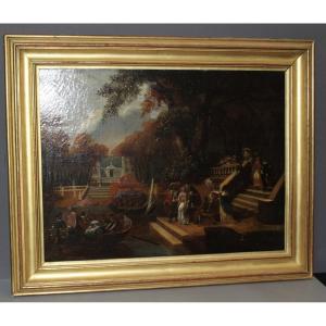 Oil On Canvas, "la Fête Galante," By Chevallier, Early 19th Century