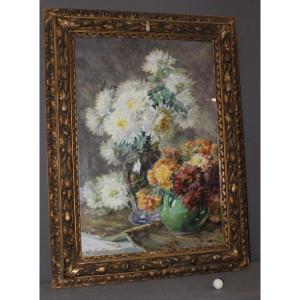 Bouquet de dahlias , Aquarelle par Marie Saubiez-Euler vers 1900