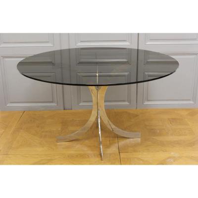 1970 Table In Chrome Steel And Smoked Glass