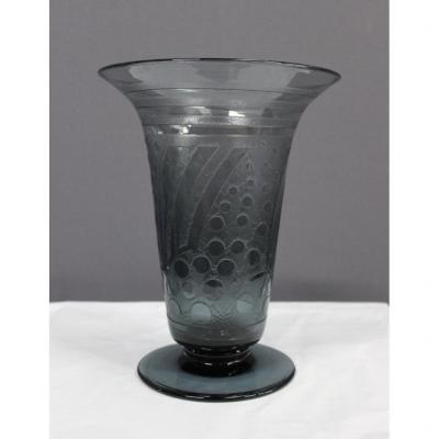 Blue Art Deco Vase Cleared With Acid