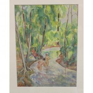 Watercolor Woman In The River By Miron Duda