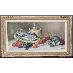 Oil On Canvas Representing Crustaceans Around 1950