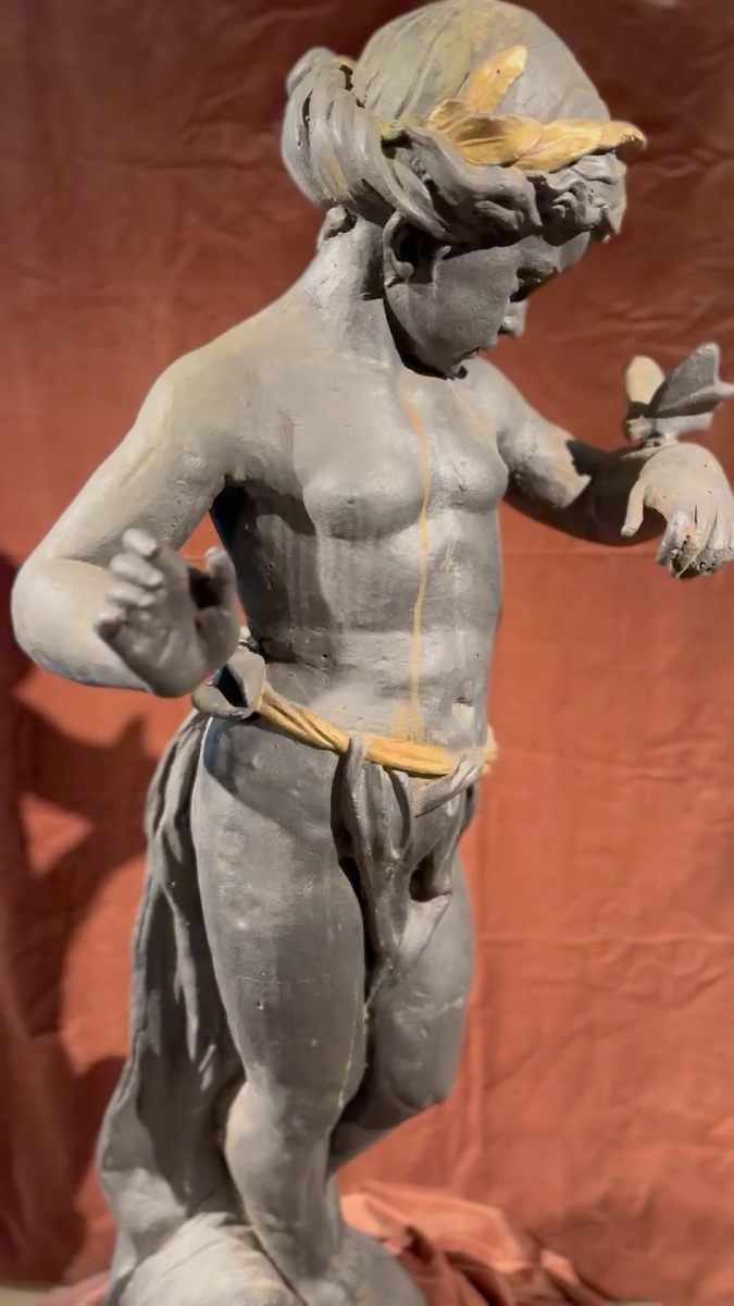 Cast Iron Sculpture – Angel With Butterfly & Cornucopia – Early 20th Century-photo-3