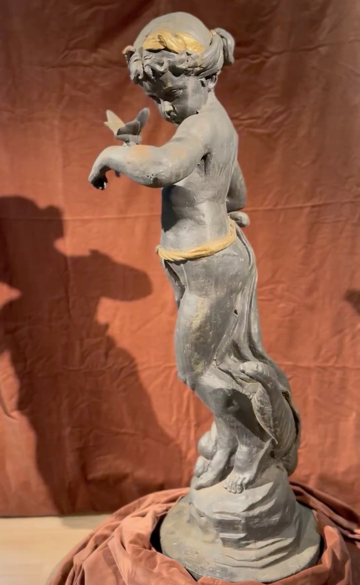 Cast Iron Sculpture – Angel With Butterfly & Cornucopia – Early 20th Century-photo-4