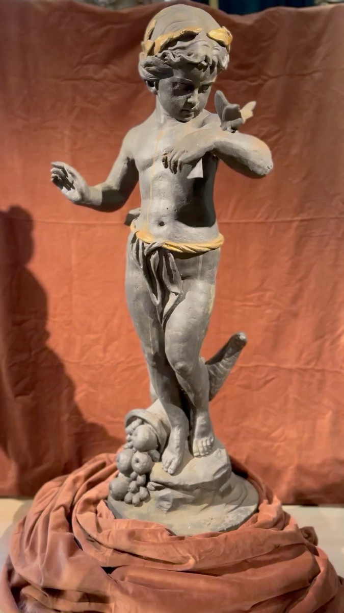 Cast Iron Sculpture – Angel With Butterfly & Cornucopia – Early 20th Century