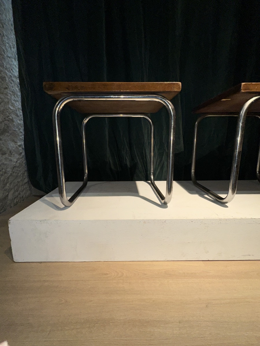 Pair Of Bauhaus Stools In Chrome-plated Steel And Walnut Veneer - Austria, Circa 1930-photo-2