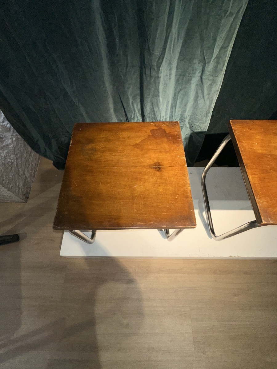 Pair Of Bauhaus Stools In Chrome-plated Steel And Walnut Veneer - Austria, Circa 1930-photo-3