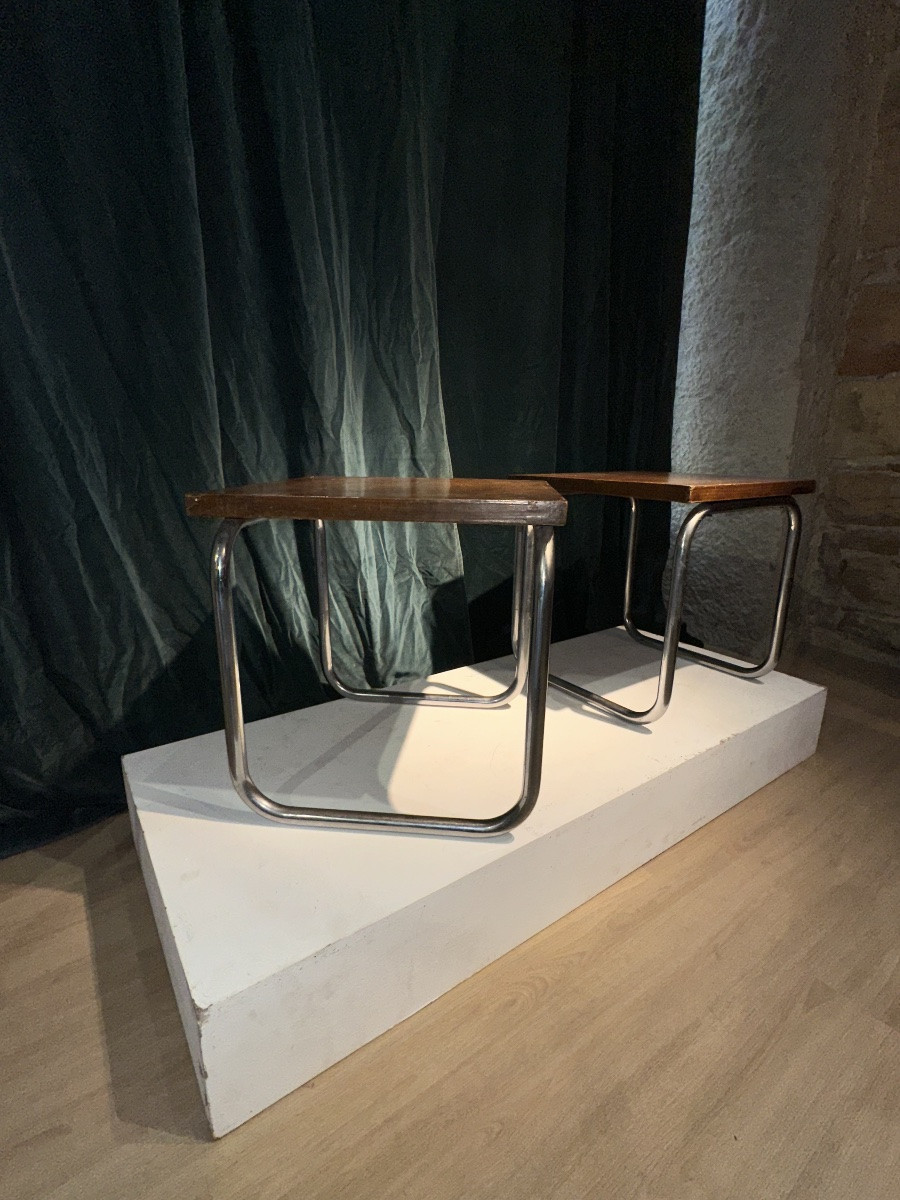 Pair Of Bauhaus Stools In Chrome-plated Steel And Walnut Veneer - Austria, Circa 1930-photo-1