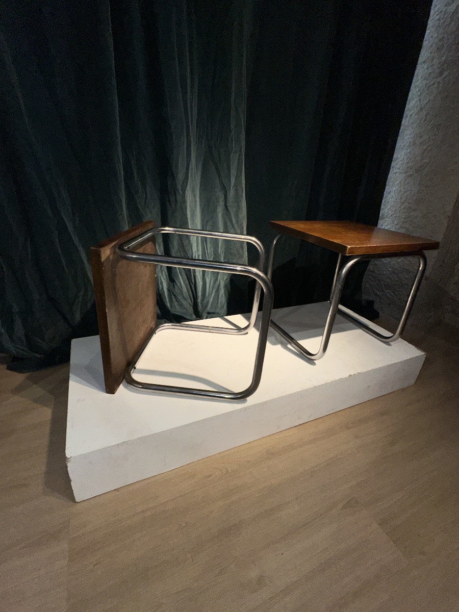 Pair Of Bauhaus Stools In Chrome-plated Steel And Walnut Veneer - Austria, Circa 1930-photo-2