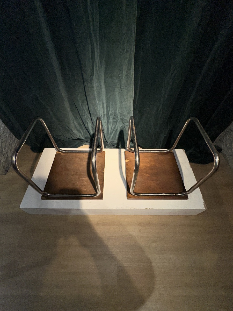 Pair Of Bauhaus Stools In Chrome-plated Steel And Walnut Veneer - Austria, Circa 1930-photo-4
