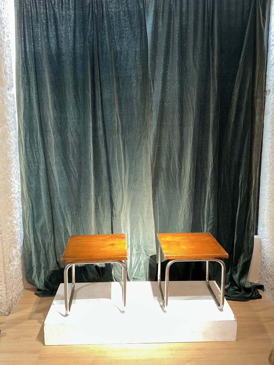 Pair Of Bauhaus Stools In Chrome-plated Steel And Walnut Veneer - Austria, Circa 1930