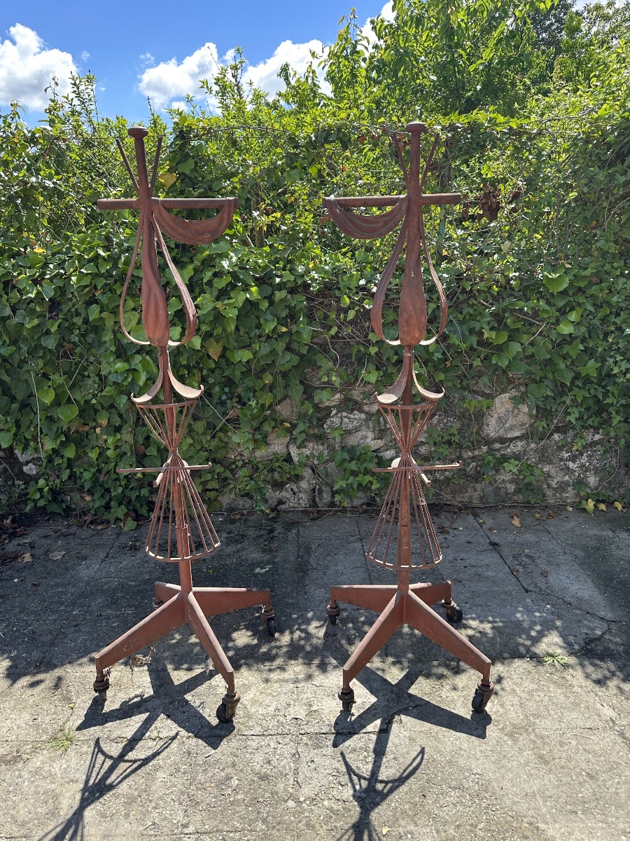 Grande Paire de Porte-Fleurs en Fer Forgé Rouge Sang-de-Bœuf – Début du XXe Siècle-photo-1