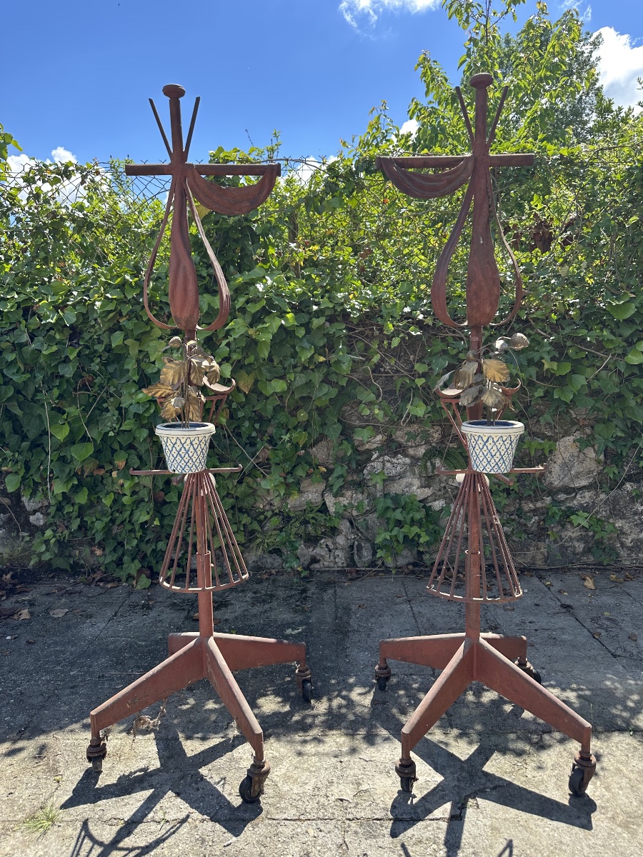 Grande Paire de Porte-Fleurs en Fer Forgé Rouge Sang-de-Bœuf – Début du XXe Siècle-photo-2