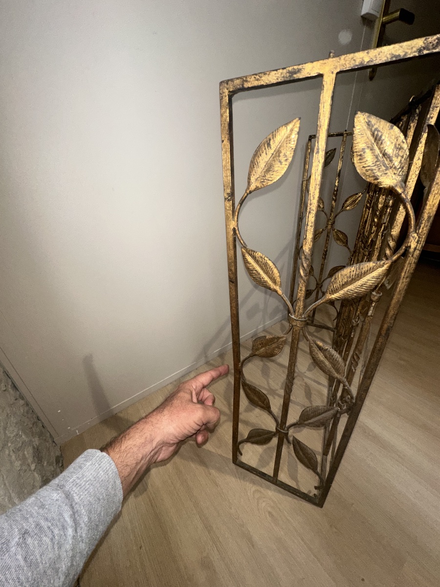 Charming Gilded Wrought Iron Console With Stylized Foliage Decoration, Paris Work Circa 1940-photo-2