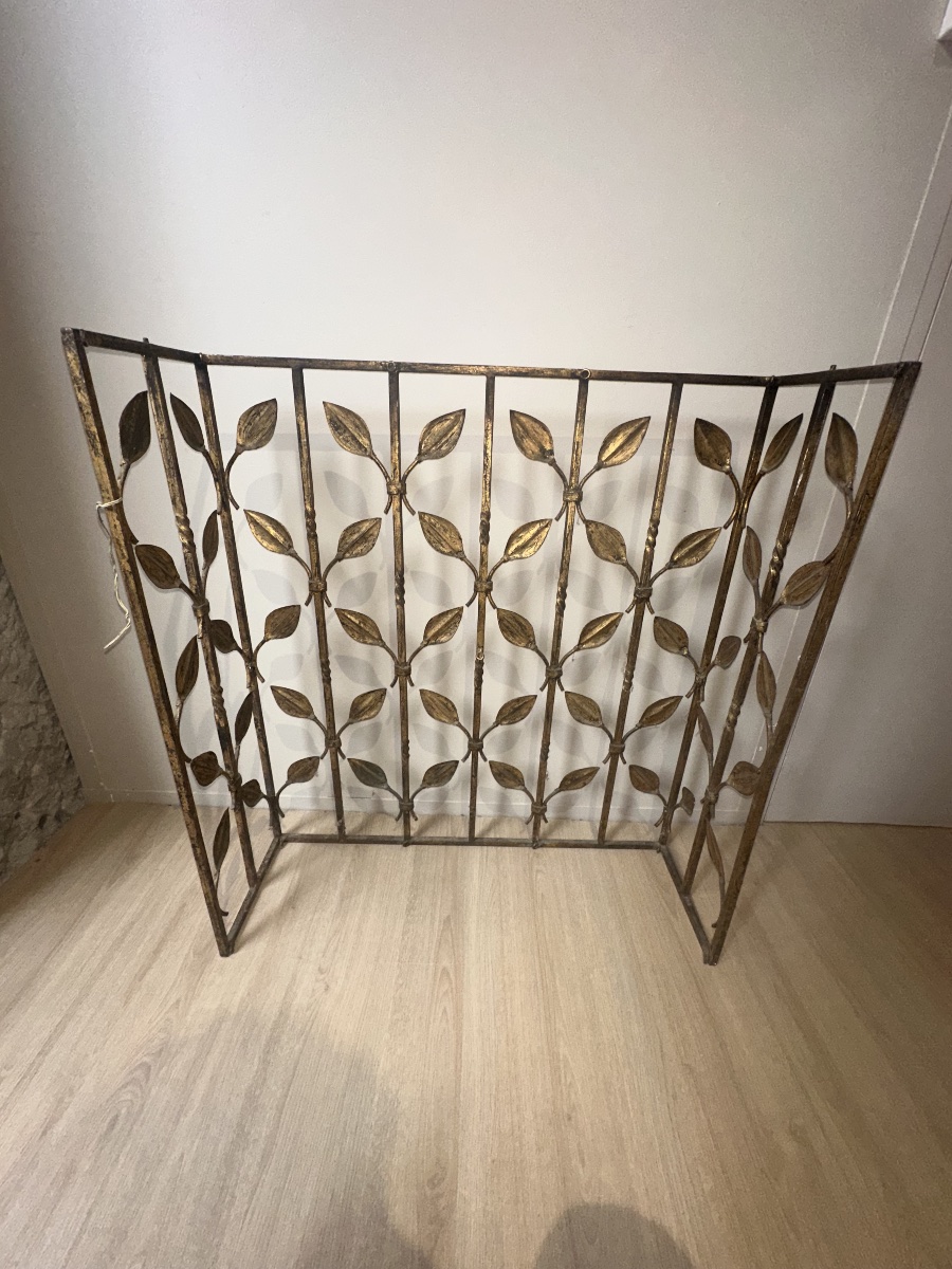 Charming Gilded Wrought Iron Console With Stylized Foliage Decoration, Paris Work Circa 1940-photo-4