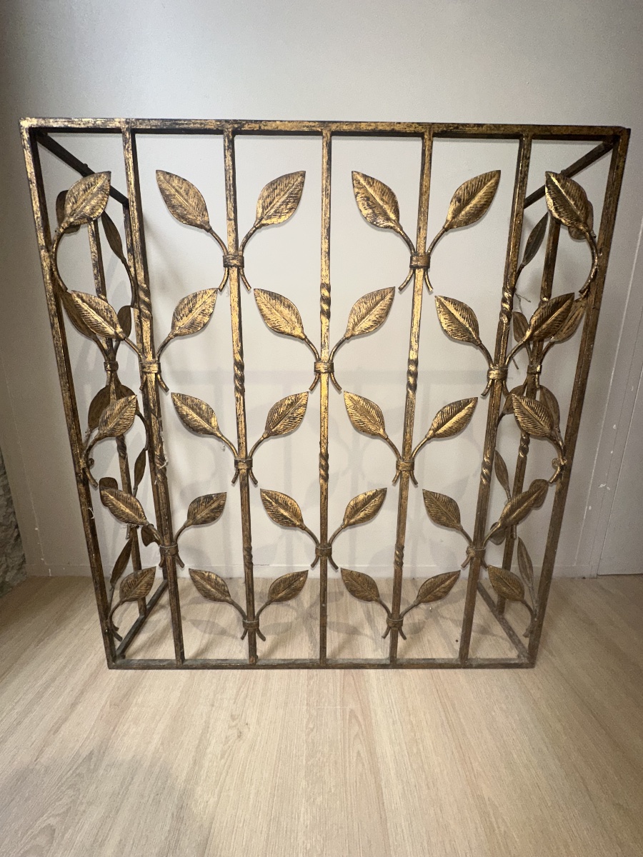 Charming Gilded Wrought Iron Console With Stylized Foliage Decoration, Paris Work Circa 1940-photo-1
