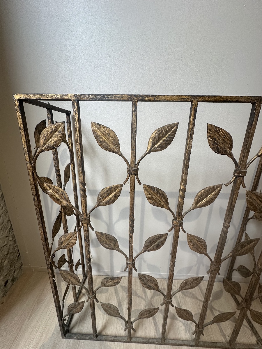 Charming Gilded Wrought Iron Console With Stylized Foliage Decoration, Paris Work Circa 1940-photo-2