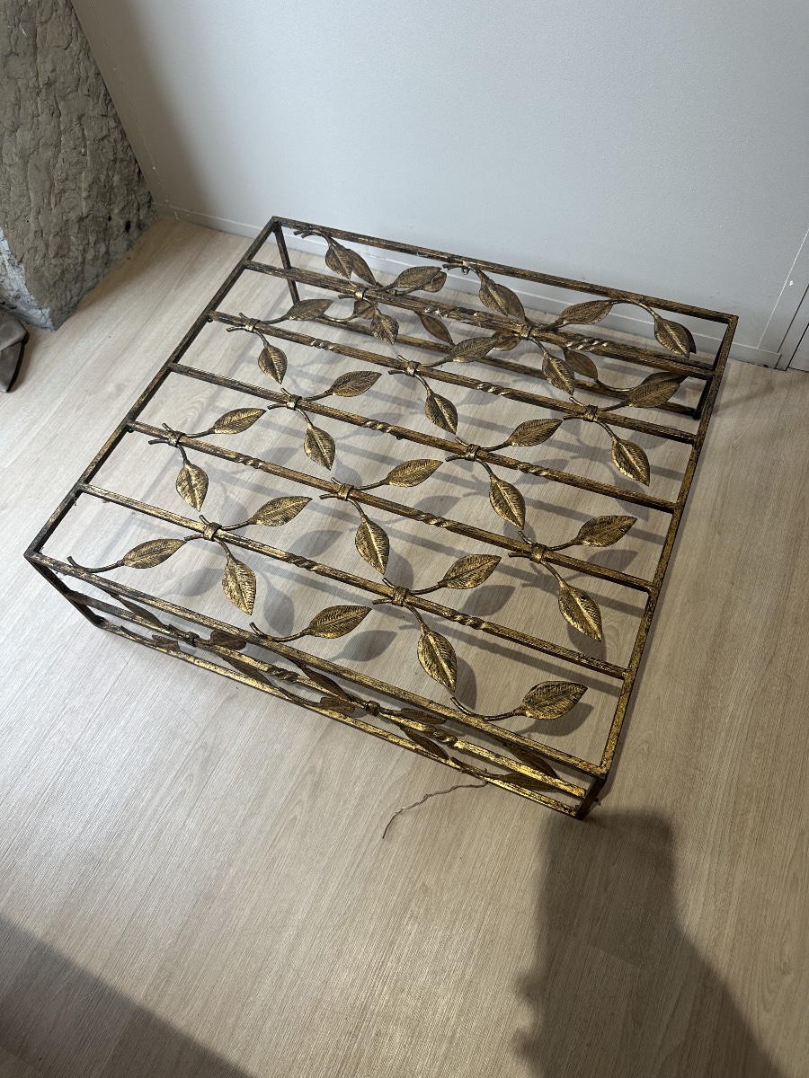 Charming Gilded Wrought Iron Console With Stylized Foliage Decoration, Paris Work Circa 1940-photo-3