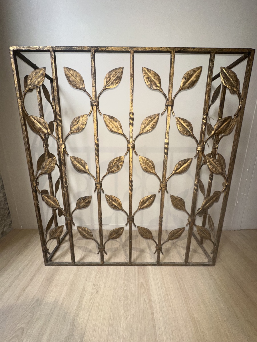 Charming Gilded Wrought Iron Console With Stylized Foliage Decoration, Paris Work Circa 1940-photo-4