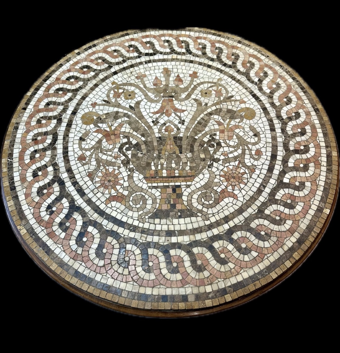 Importante table basse italienne en mosaïque de marbres polychromes et chêne massif Fin du XIXe-photo-2