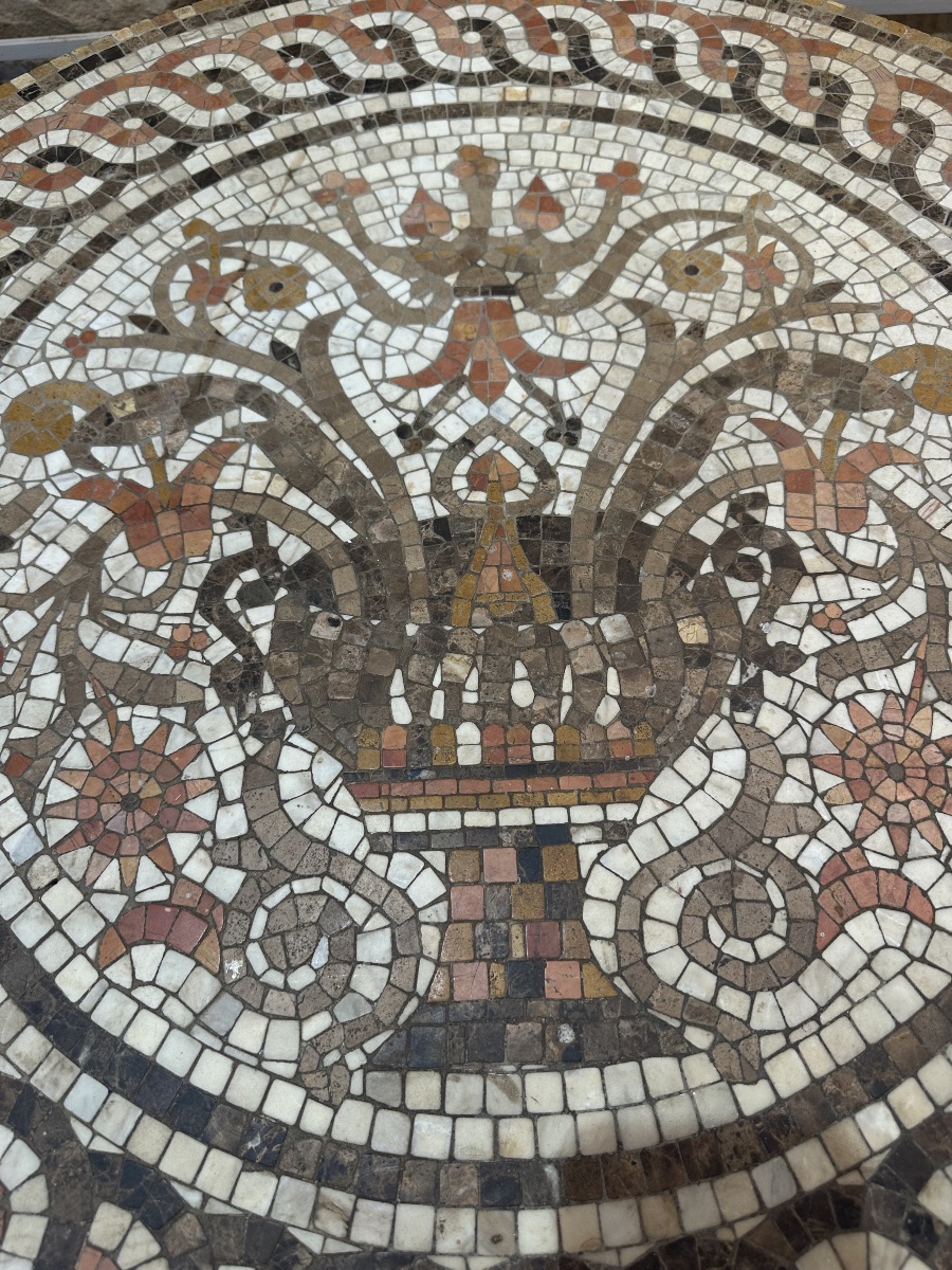 Importante table basse italienne en mosaïque de marbres polychromes et chêne massif Fin du XIXe-photo-3