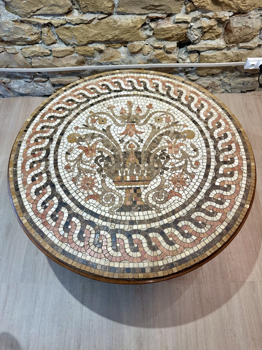 Importante table basse italienne en mosaïque de marbres polychromes et chêne massif Fin du XIXe-photo-6