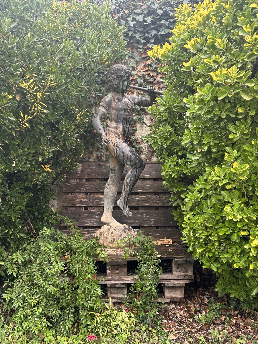 Park Sculpture – Young Faun Playing The Flute – Bronze And Iron Fountain-photo-2