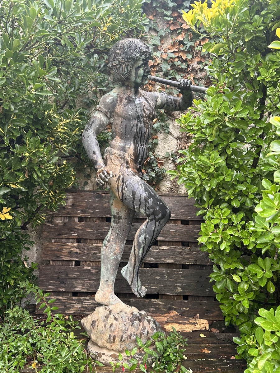 Park Sculpture – Young Faun Playing The Flute – Bronze And Iron Fountain-photo-3