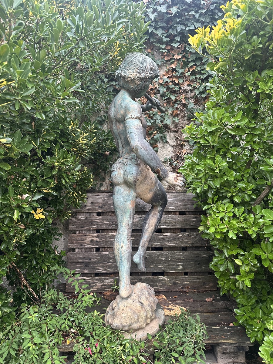 Park Sculpture – Young Faun Playing The Flute – Bronze And Iron Fountain-photo-4