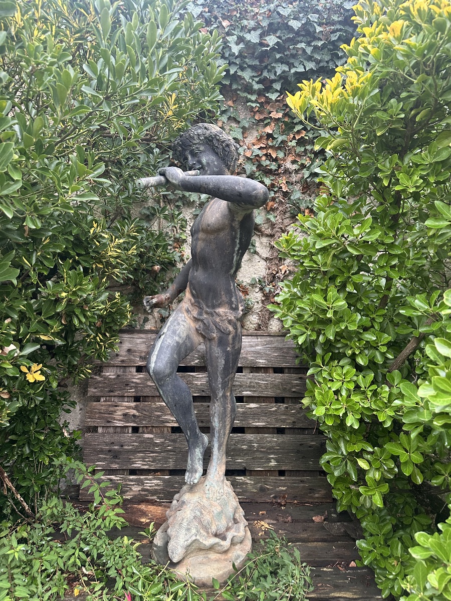 Park Sculpture – Young Faun Playing The Flute – Bronze And Iron Fountain-photo-5